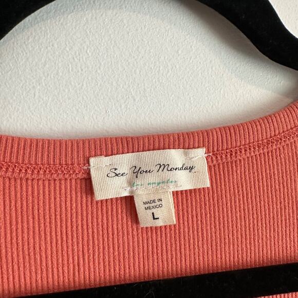 See You Monday Ribbed Short Sleeve Midi Dress Women's Large Orange Side Slit - Picture 3 of 6